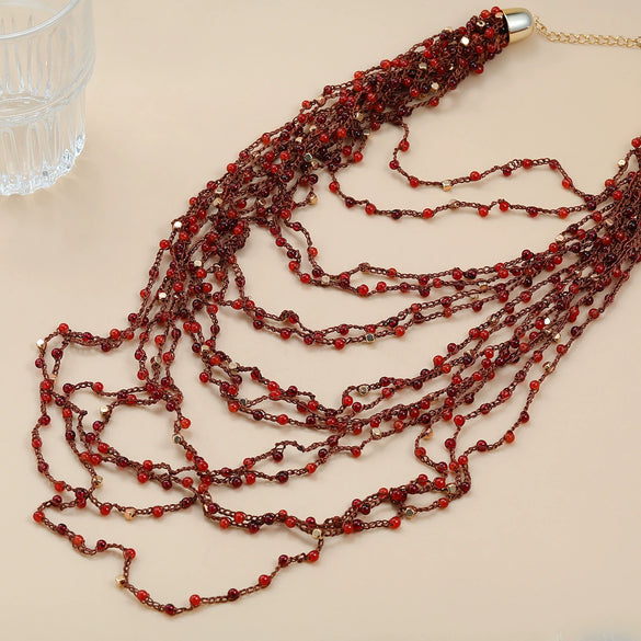 Wholesale Women's Alloy Multi Layer Red Beads Tassel Necklace With Geometric Pattern And Snake Bone Chain