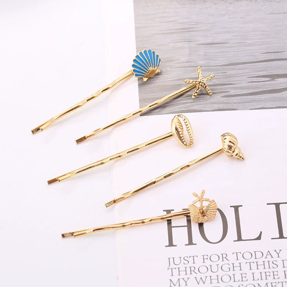 Wholesale Women's Alloy Natural Style Ocean Series Shell Starfish Conch Hairpin Electroplated Oneword Clip Headwear