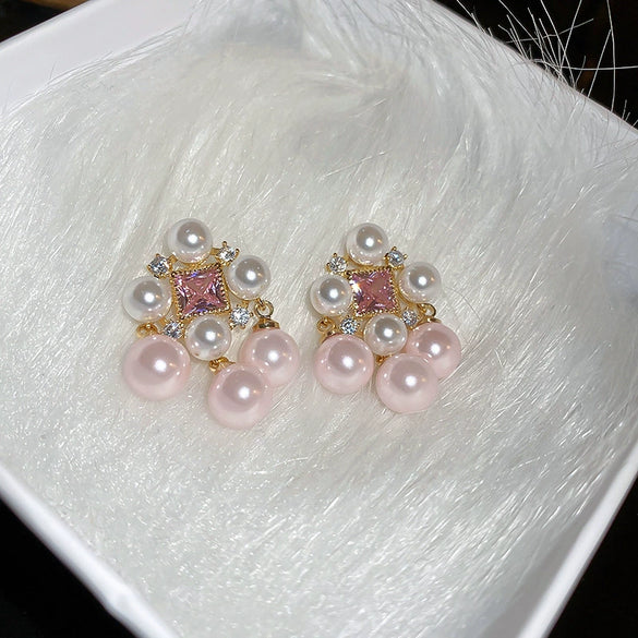 Wholesale Women's Alloy Needle Square Zircon Pearl Tassel Earrings With Real Gold Electroplated And Geometric Style