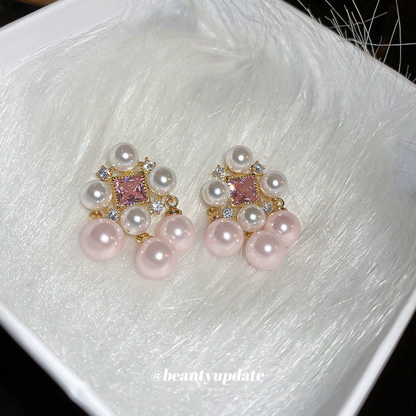 Wholesale Women's Alloy Needle Square Zircon Pearl Tassel Earrings With Real Gold Electroplated And Geometric Style