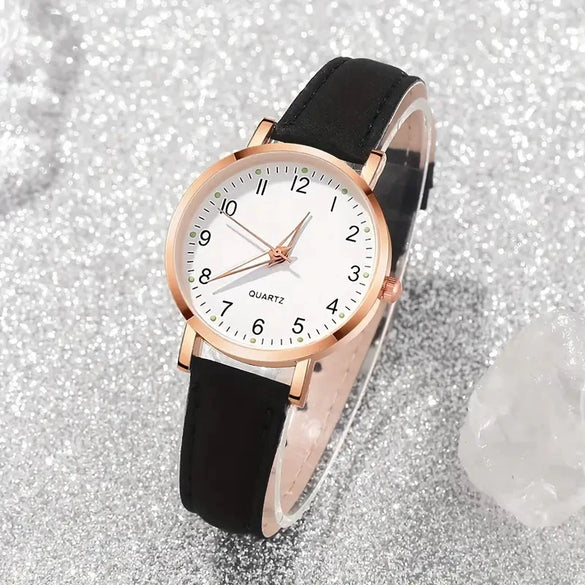 Wholesale Women's Alloy Pu Fashion Round Digital Luminous Pointer Quartz Watch With Onion Crown And Stainless Steel Pin Buckle