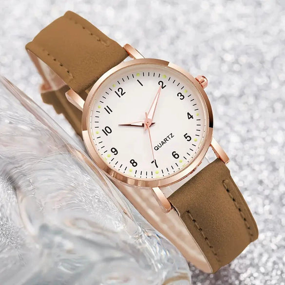 Wholesale Women's Alloy Pu Fashion Round Digital Luminous Pointer Quartz Watch With Onion Crown And Stainless Steel Pin Buckle