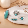 Wholesale Women's Alloy Retro Bohemian Feather Turquoise Ring Set With Wave Drop Geometric Pattern And Electroplating