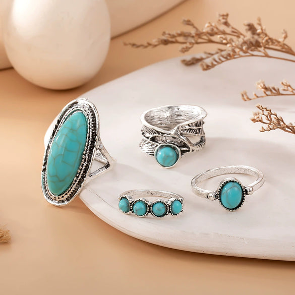 Wholesale Women's Alloy Retro Bohemian Feather Turquoise Ring Set With Wave Drop Geometric Pattern And Electroplating