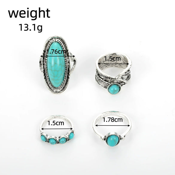 Wholesale Women's Alloy Retro Bohemian Feather Turquoise Ring Set With Wave Drop Geometric Pattern And Electroplating