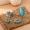 Wholesale Women's Alloy Retro Bohemian Feather Turquoise Ring Set With Wave Drop Geometric Pattern And Electroplating