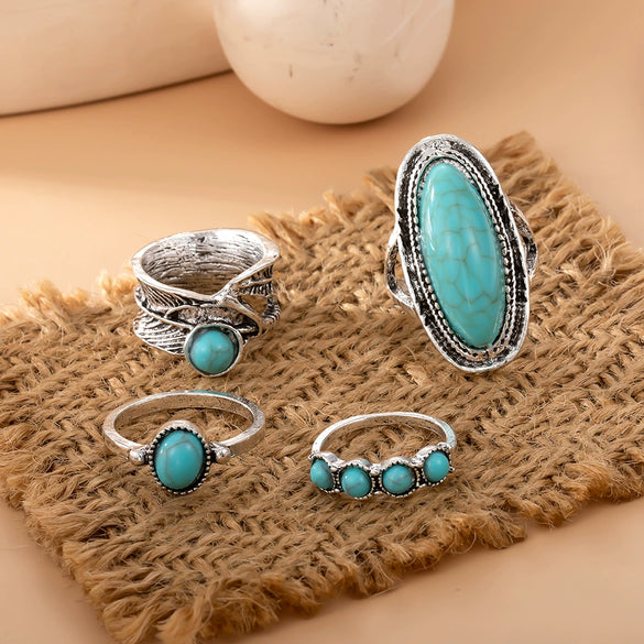 Wholesale Women's Alloy Retro Bohemian Feather Turquoise Ring Set With Wave Drop Geometric Pattern And Electroplating