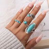 Wholesale Women's Alloy Retro Bohemian Feather Turquoise Ring Set With Wave Drop Geometric Pattern And Electroplating