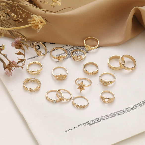 Wholesale Women's Alloy Ring With Opal Hollow Relief Elephant Moon Star Combination Electroplated Styling With Animal Zodiac Pattern