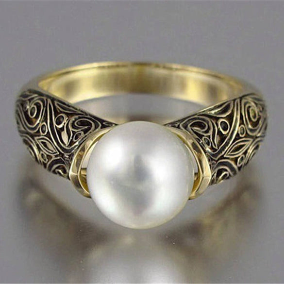 Wholesale Women's Alloy Ring With Synthetic Pearl Inlaid In Geometric Design And Plated Gold Jewelry