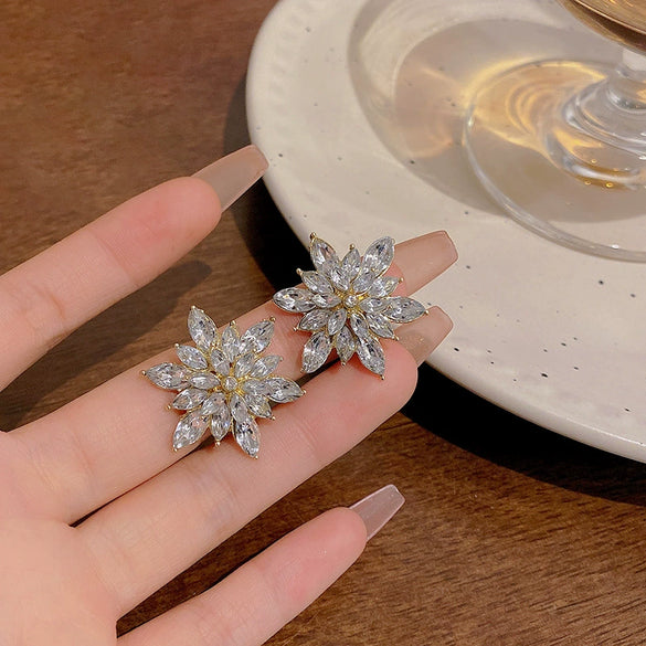 Wholesale Women's Alloy 925 Silver Electroplated Rhinestone Flower Earrings Light Luxury Niche Design