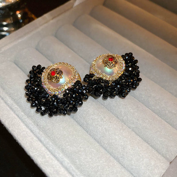 Wholesale Women's Alloy Silver Needle Geometric Earrings Set With Black Crystal High End Luxury Style