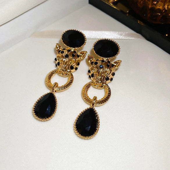 Wholesale Women's Alloy Silver Needle Geometric Earrings Set With Black Crystal High End Luxury Style