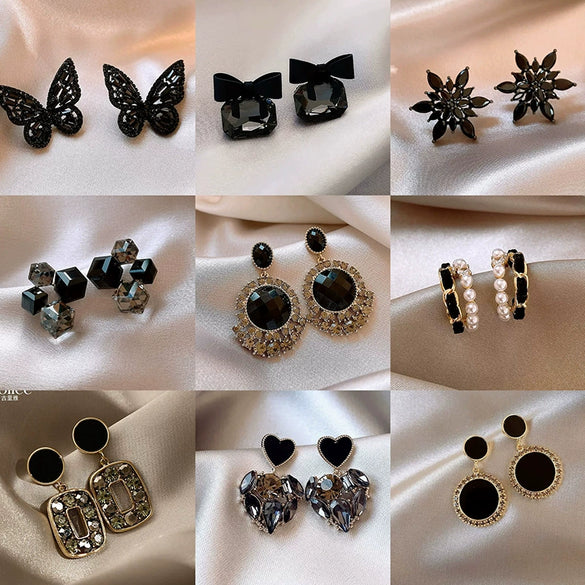Wholesale Women's Alloy Silver Needle Geometric Earrings Set With Black Crystal High End Luxury Style