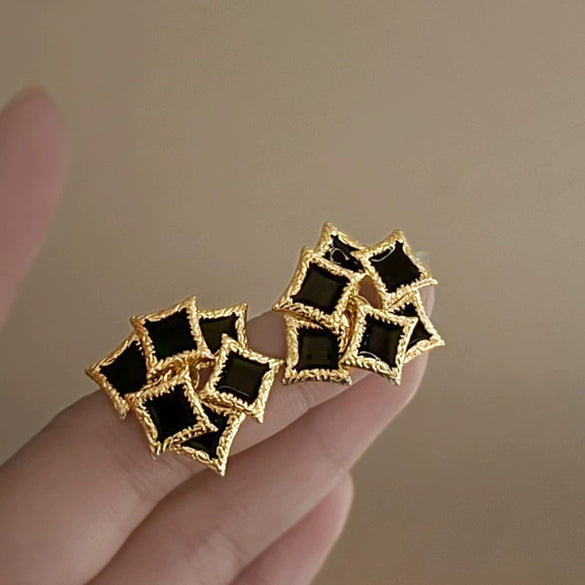 Wholesale Women's Alloy Silver Needle Geometric Earrings Set With Black Crystal High End Luxury Style