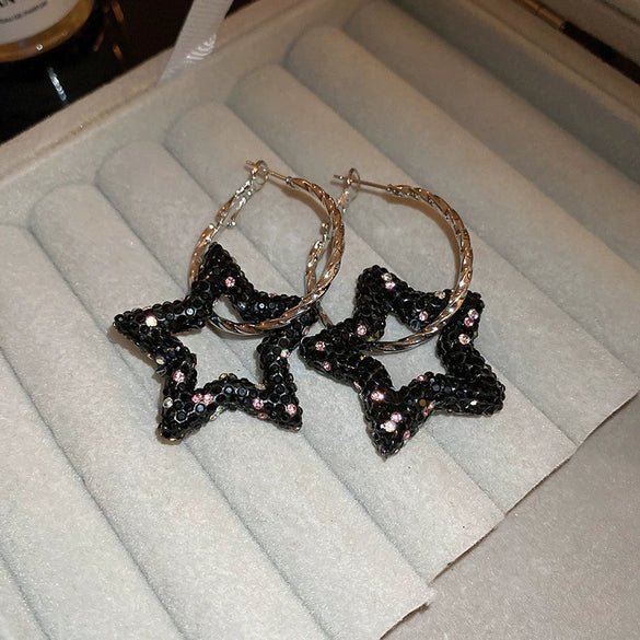 Wholesale Women's Alloy Silver Needle Geometric Earrings Set With Black Crystal High End Luxury Style
