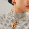 Wholesale Women's Ambercolored Geometric Stainless Steel Electroplated Gemstone Earrings And 18K Nonfading Necklace