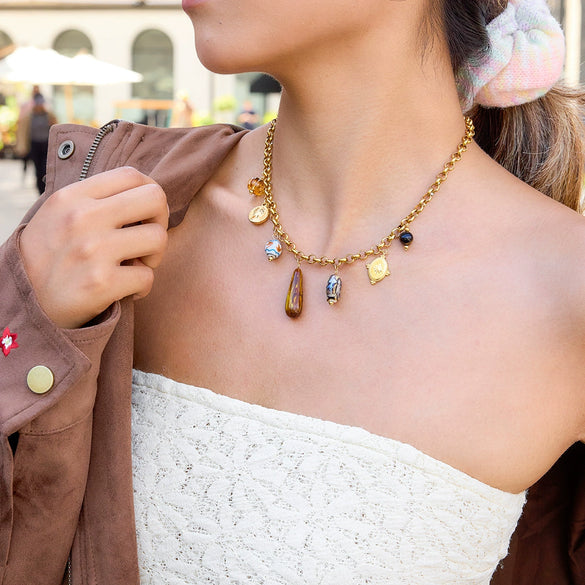 Wholesale Women's Ancient Style Geometric Tiger Eye Stone Stainless Steel Electroplated O Word Chain Necklace