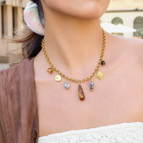 Wholesale Women's Ancient Style Geometric Tiger Eye Stone Stainless Steel Electroplated O Word Chain Necklace