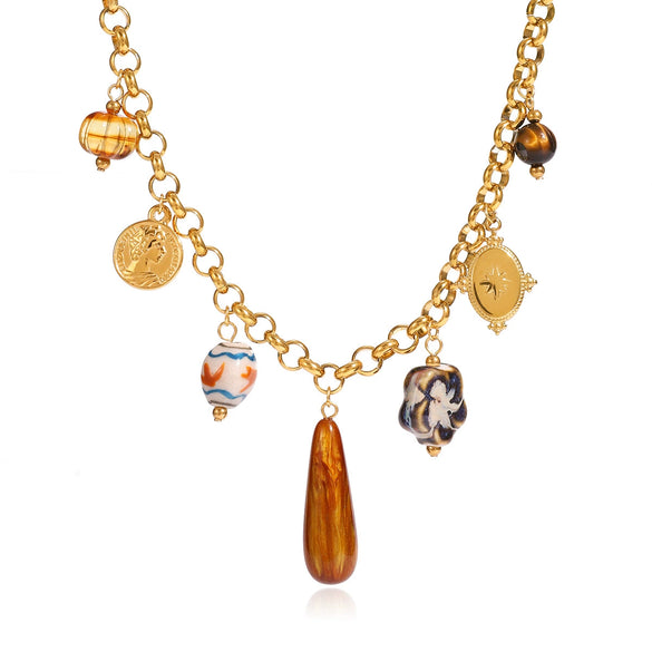 Wholesale Women's Ancient Style Geometric Tiger Eye Stone Stainless Steel Electroplated O Word Chain Necklace
