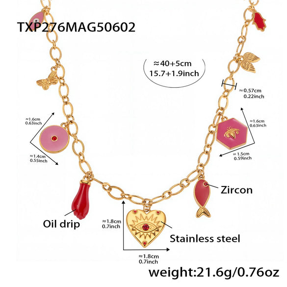 Wholesale Women's Animal Style Ferris Wheel Heartshaped Devil's Eye Pendant Necklace And Bracelet Set In Stainless Steel Zircon Enamel Glaze And Titanium Steel With Electroplating