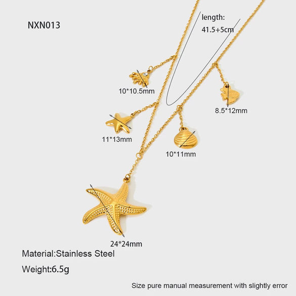Wholesale Women's Animal Style Stainless Steel Cross Chain Necklace With Ocean Themed Starfish And Shell Pendant Vacuum Real Gold Plated