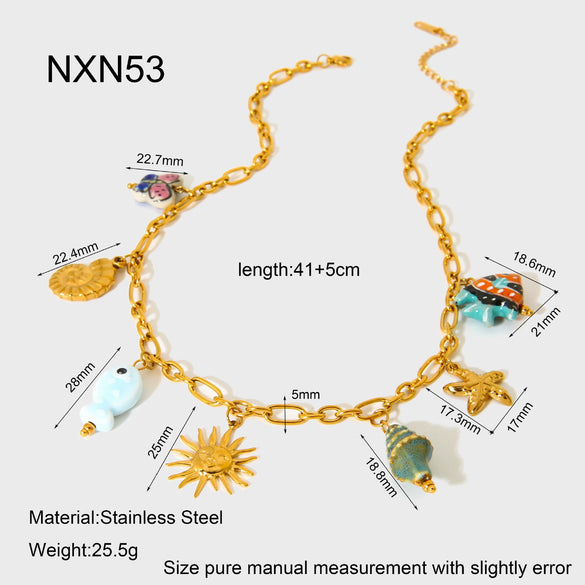 Wholesale Women's Animal Style Stainless Steel Cross Chain Necklace With Ocean Themed Starfish And Shell Pendant Vacuum Real Gold Plated