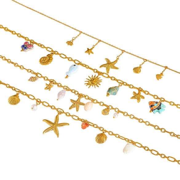 Wholesale Women's Animal Style Stainless Steel Cross Chain Necklace With Ocean Themed Starfish And Shell Pendant Vacuum Real Gold Plated