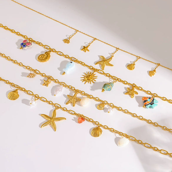 Wholesale Women's Animal Style Stainless Steel Cross Chain Necklace With Ocean Themed Starfish And Shell Pendant Vacuum Real Gold Plated