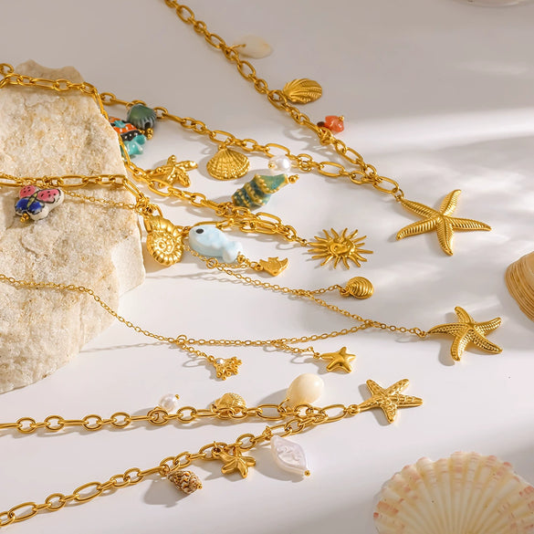 Wholesale Women's Animal Style Stainless Steel Cross Chain Necklace With Ocean Themed Starfish And Shell Pendant Vacuum Real Gold Plated