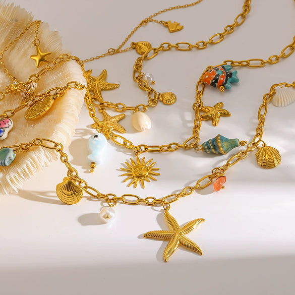 Wholesale Women's Animal Style Stainless Steel Cross Chain Necklace With Ocean Themed Starfish And Shell Pendant Vacuum Real Gold Plated