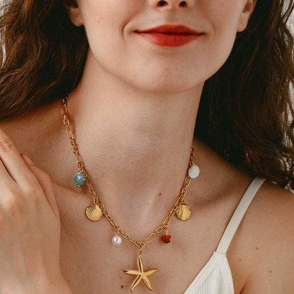 Wholesale Women's Animal Style Stainless Steel Cross Chain Necklace With Ocean Themed Starfish And Shell Pendant Vacuum Real Gold Plated