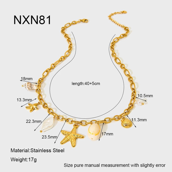 Wholesale Women's Animal Style Stainless Steel Cross Chain Necklace With Ocean Themed Starfish And Shell Pendant Vacuum Real Gold Plated