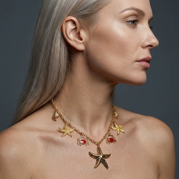 Wholesale Women's Animal Zodiac Alloy Electroplated Pendant Necklace With Starfish Shell Design