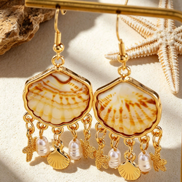 Wholesale Women's Animal Zodiac Pattern Iron Electroplated Shell Tassel Seed Bead Earrings
