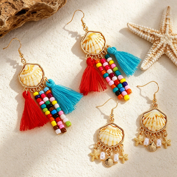 Wholesale Women's Animal Zodiac Pattern Iron Electroplated Shell Tassel Seed Bead Earrings