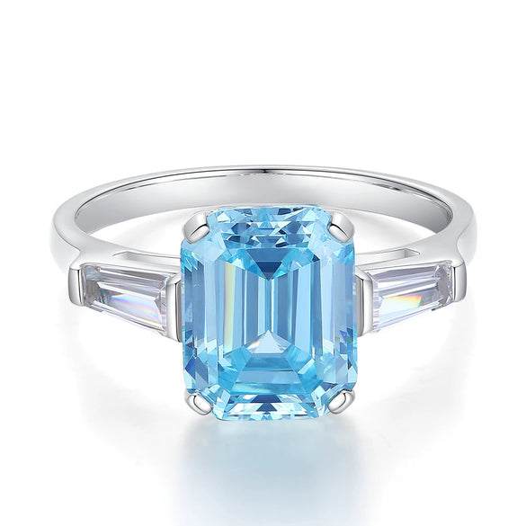 Wholesale Women's Aquamarine High Carbon Diamond S925 Sterling Silver Ring With Geometric Style And Electroplating Process