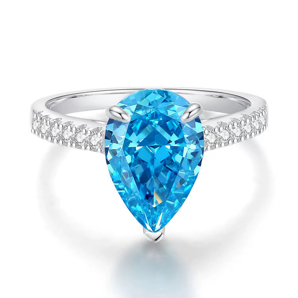 Wholesale Women's Aquamarine Ring S925 Sterling Silver Water Drop Shape High Carbon Diamond Zircon Gem With Ice Flower Cut And Electroplating
