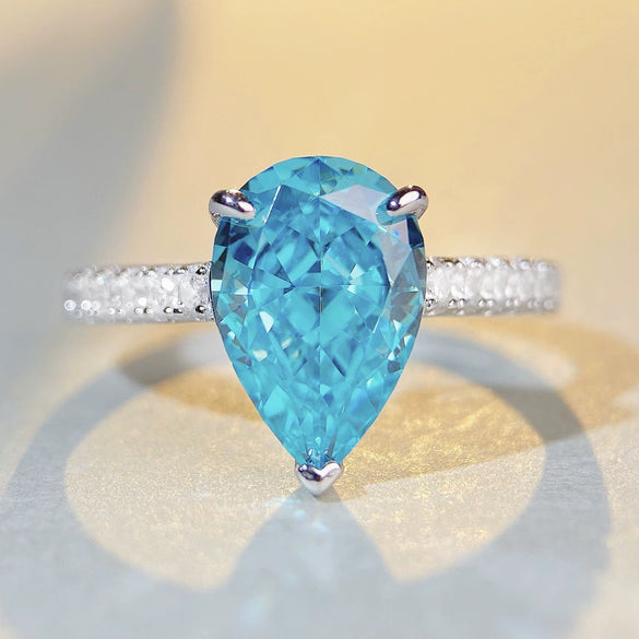 Wholesale Women's Aquamarine Ring S925 Sterling Silver Water Drop Shape High Carbon Diamond Zircon Gem With Ice Flower Cut And Electroplating
