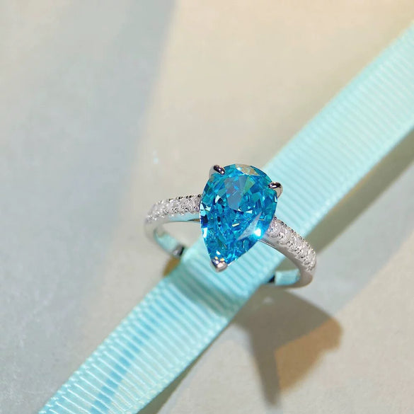 Wholesale Women's Aquamarine Ring S925 Sterling Silver Water Drop Shape High Carbon Diamond Zircon Gem With Ice Flower Cut And Electroplating