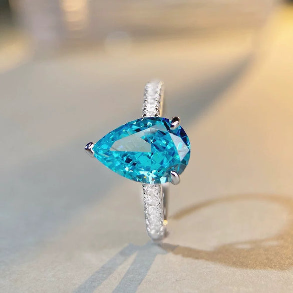 Wholesale Women's Aquamarine Ring S925 Sterling Silver Water Drop Shape High Carbon Diamond Zircon Gem With Ice Flower Cut And Electroplating