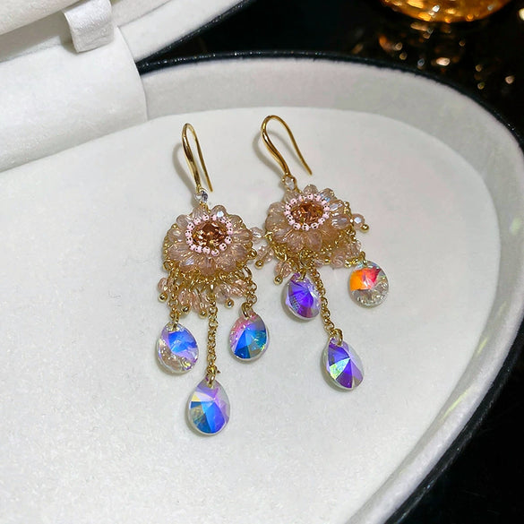 Wholesale Women's Artificial Crystal Butterfly Earrings With Real Gold Electroplated Silver Needles And Inlaid Pearls