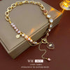 Wholesale Women's Asymmetric Freshwater Pearl And Diamondembedded Copper Clavicle Chain Necklace With Electroplating