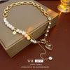 Wholesale Women's Asymmetric Freshwater Pearl And Diamondembedded Copper Clavicle Chain Necklace With Electroplating