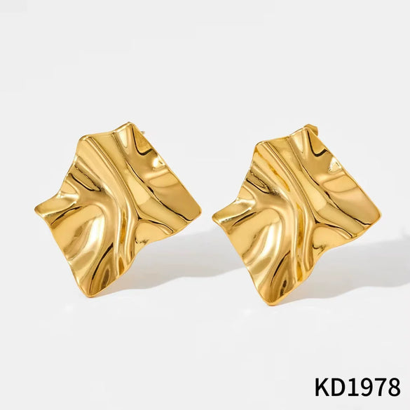 Wholesale Women's Asymmetrical Geometric Pleated Stainless Steel Earrings With Pvd Furnace Vacuum Real Gold Plating