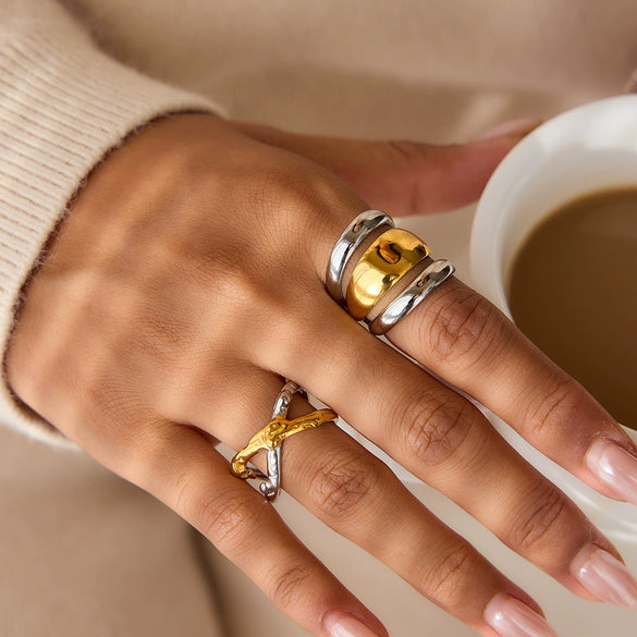 Wholesale Women's Asymmetrical Geometric Stainless Steel Electroplated Two Color Cut Out Open Ring