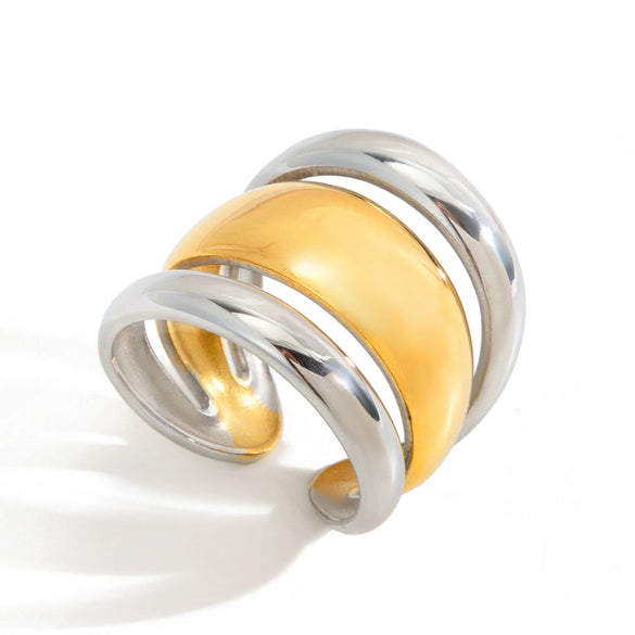 Wholesale Women's Asymmetrical Geometric Stainless Steel Electroplated Two Color Cut Out Open Ring