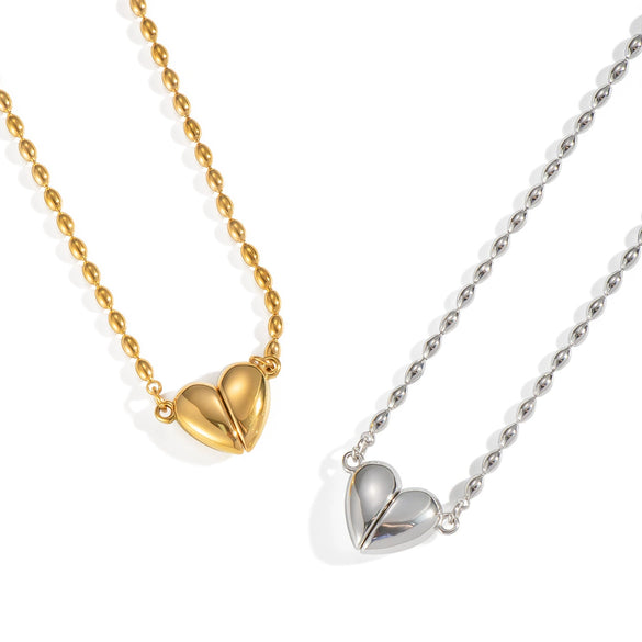 Wholesale Women's Ball Bead Chain Magnet Heart Necklace Stainless Steel Electroplated