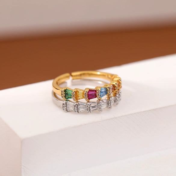 Wholesale Women's Bamboo Copper Ring With Geometric Pattern And Colorful Zircon And Intricate Pavéset Colored Diamonds Electroplated