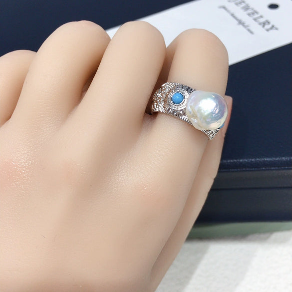Wholesale Women's Baroque Freshwater Pearl And Turquoise Ring With Alien Shaped Pearls And Copper Material